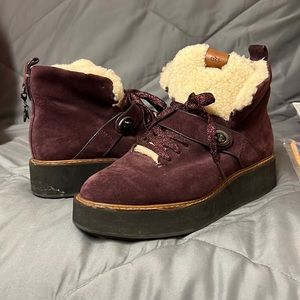 COACH Saddle Urban Hiker Suede Shearling Platform Wedge Ankle Boots/Booties EU39